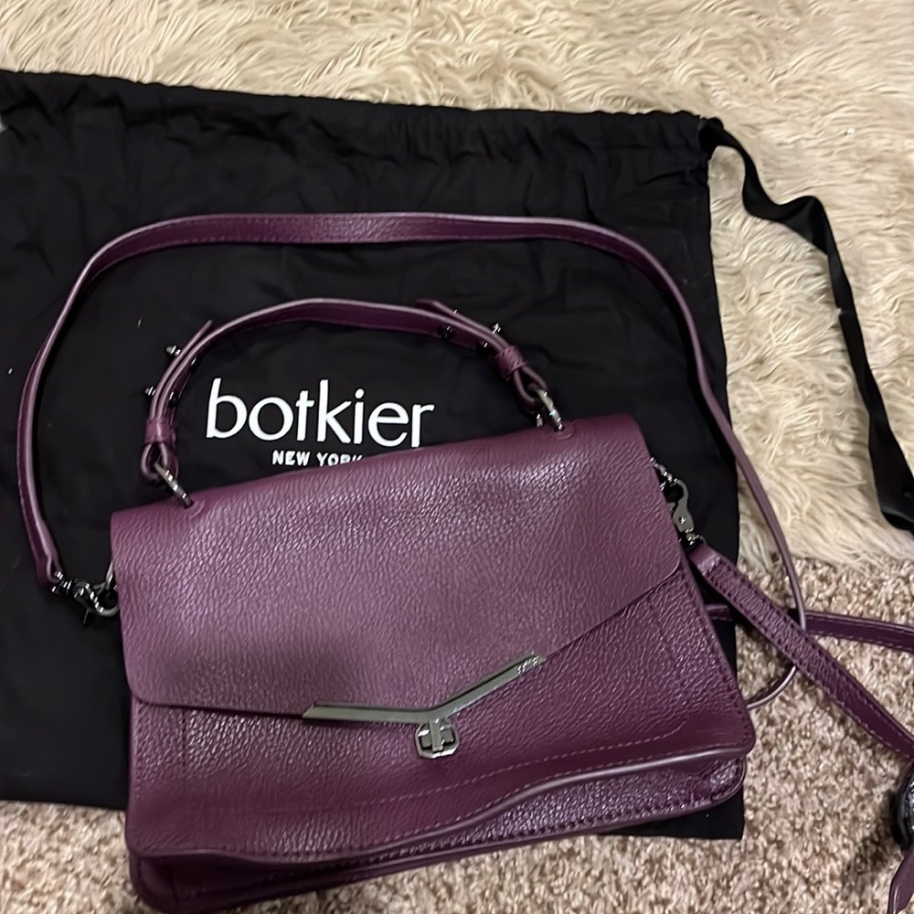 Botkier NY Valentina Flap Satchel purple handbag with metallic shimmer interior.